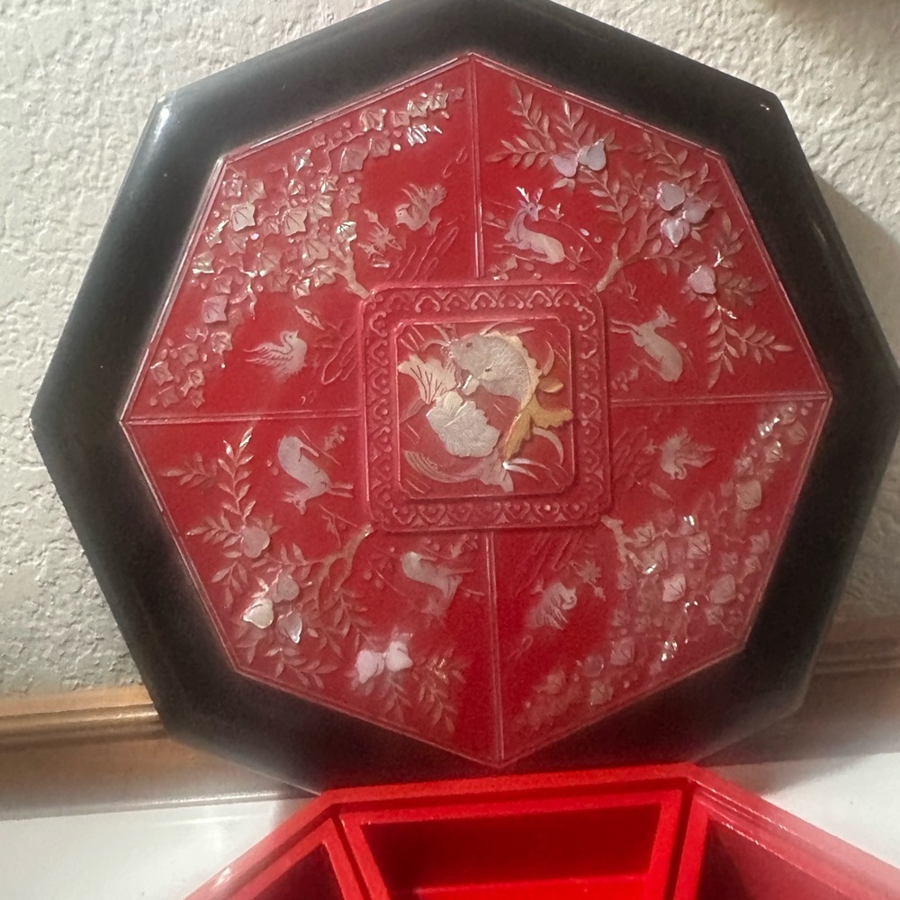 Vintage Red lacquer box mother of pearl inlay